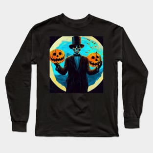 Spooky handsome skeleton holding pumpkins Long Sleeve T-Shirt